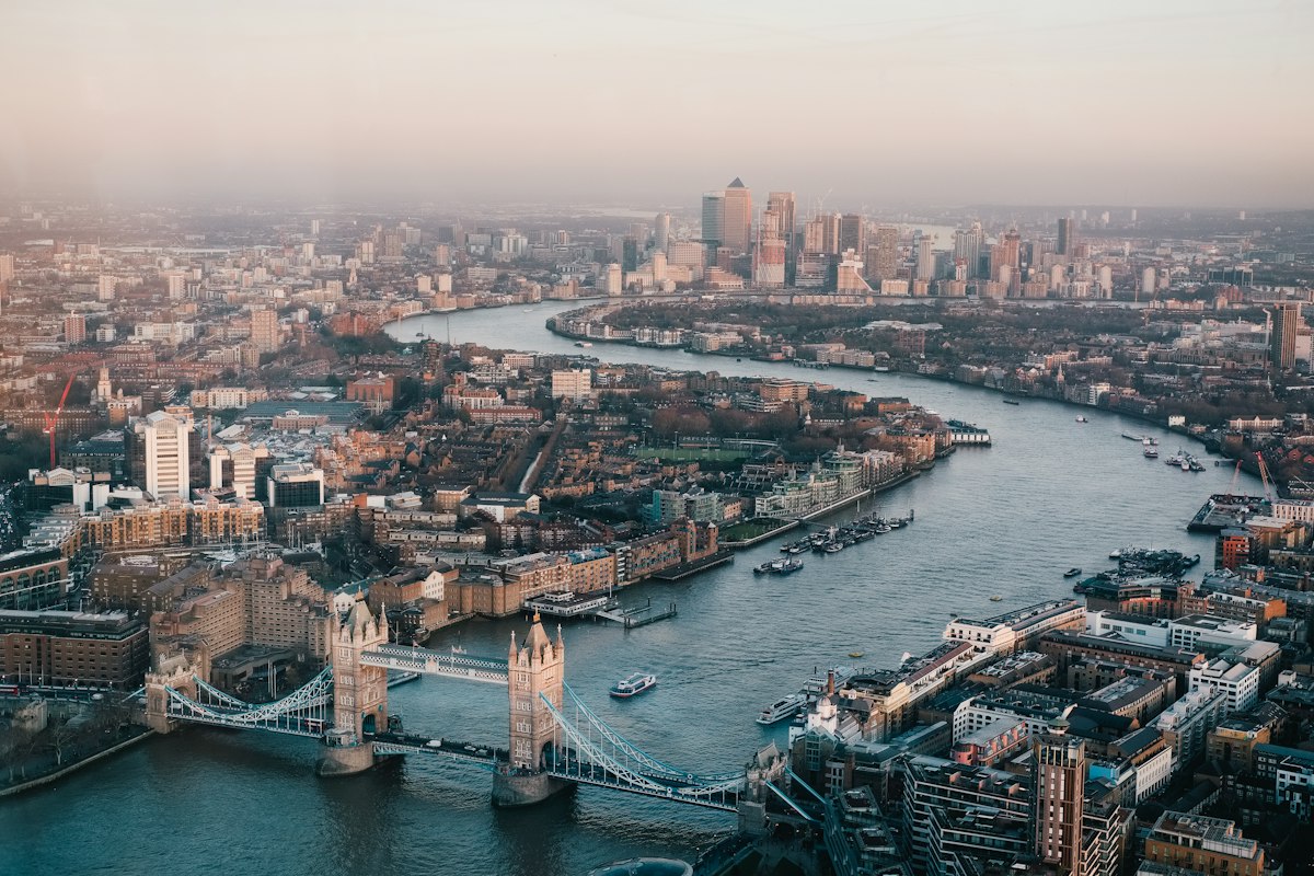 Aerial view of Tower Bridge and the River Thames, London